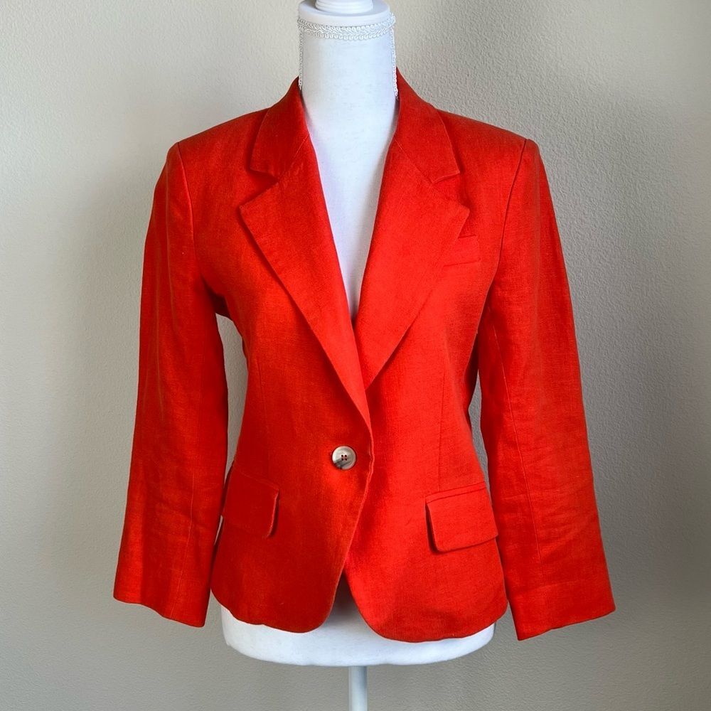 Gibson 100% Linen Blazer M Petite Bright Red Tailored Jacket Old Money Academia